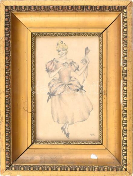 GM jelzéssel: Hölgy legyezővel. Ceruza, papír. Dekoratív, kissé sérült üvegezett fa keretben. 22x14 cm