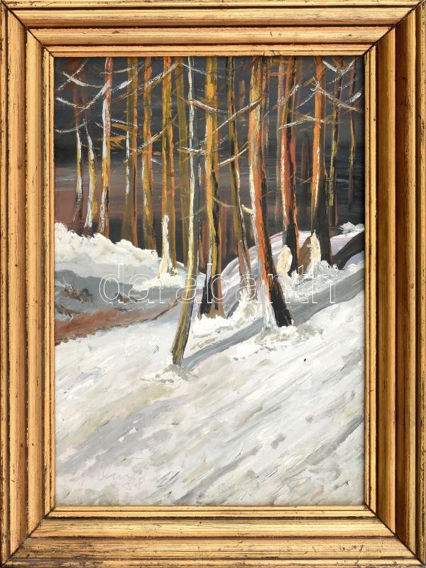 Olvashatatlan jelzéssel: Havas erdő. Olaj, farost, keretben 30x21 cm