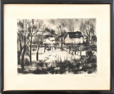 Bordás Ferenc (1911-1982): Tájkép házakkal. Rézkarc, papír, jelzett, fa keretben, 19×30 cm