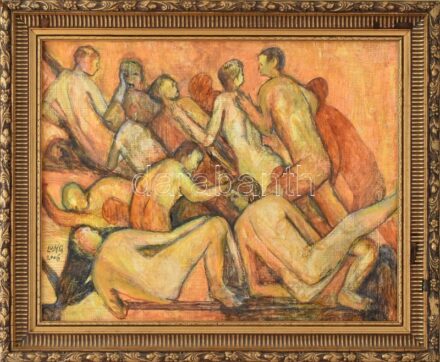 Lunger Katalin (?-): Haláltánc III., 2006. Olaj, farost. Jelzett. Dekoratív, kissé sérült, javított fa keretben, 40x50 cm