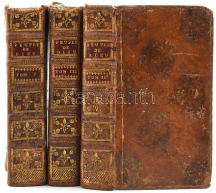 Berruyer, Isaac-Joseph: Histoire du peuple de Dieu, depuis son origine jusqu'? la naissance du messie I.-III. Paris, 1739. Bordelet. Számos melléklettel, kihajtható térképekkel. Korabeli, aranyozott egészbőr kötésben. II. kötet kötése