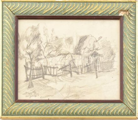 Olvashatatlan jelzéssel: Balatonkenesei ház, 1941. Szén, papír, üvegezett fa keretben, 16×21 cm