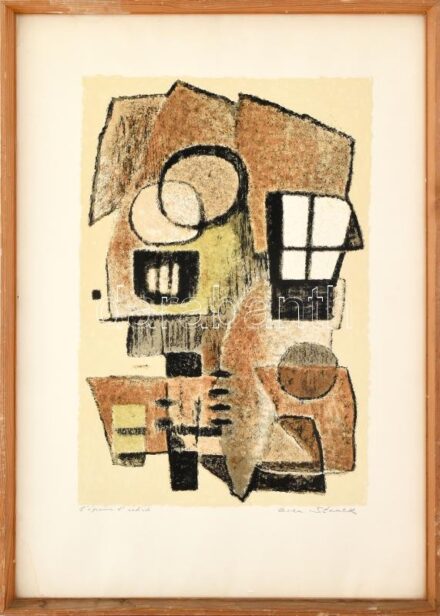 Stacek (?) jelzéssel: Kompozíció. Litográfia, papír, fa keretben, 48×33 cm