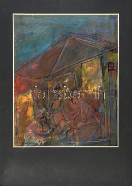 Olvashatatlan (Budaházi?) jelzéssel: Társaság. Vegyes technika, papír, paszpartuban. 49x39 cm
