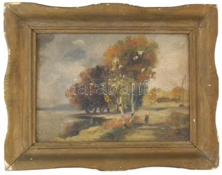 Olvashatatlan jelzéssel: Alakok a vízparton. Olaj, vászon, jelzés nélkül, fakeretben , 26×35 cm