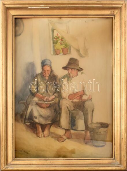 Kássa Gábor (1893-1961): Virágos szobában. Akvarell, papír, jelzett. Dekoratív, üvegezett, kissé sérült fa keretben, 78×57 cm