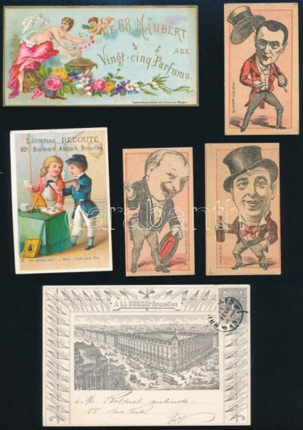 cca 1880 6 db különféle árut reklámozó képes és litho gyűjtő kártya / Commercial goods litho cards