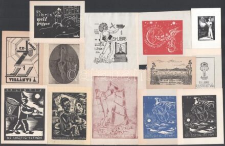 20 db különféle technikájú nagyrészt magyar (Dr. Lusztig István, Rudolf Ernő, Galambos Ferenc, Weil Frigyes, Vig György, Debrecen, erotikus, stb.) ex libris. Különböző technika. / 20 Hungarian ex libris bookplates. Different technique.