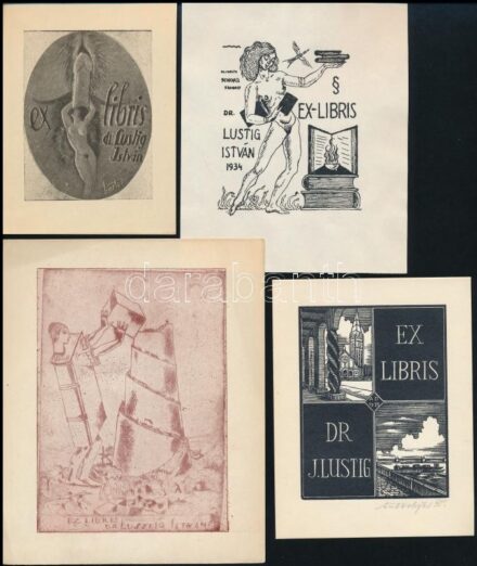 20 db különféle technikájú nagyrészt magyar (Dr. Lusztig István, Rudolf Ernő, Galambos Ferenc, Weil Frigyes, Vig György, Bartos László, Schorr Tibor, Debrecen, erotikus, stb.) ex libris. Különböző technika, különféle méretben. /