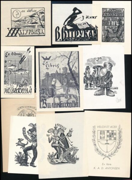 10 db vegyes ex libris, közte: Schetnev, Leonid Nikolayevich, A. Lindvang és mások. Különböző technika, különféle méretben. / 10 ex libris bookplates. Different technique.