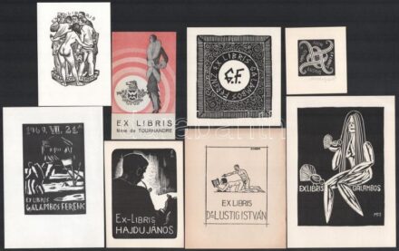 Jelzés nélkül: Art deco ex libris (Mme de Tournandre). Színes klisé, papír, 10×6 cm, Jelzés nélkül: Galambos Ferenz. Fametszet, papír, 8x7,5cm, PV jelzéssel: Hajdu János. Fametszet, papír, 9x6,5cm, Olvashatatlan jelzéssel: Galambos