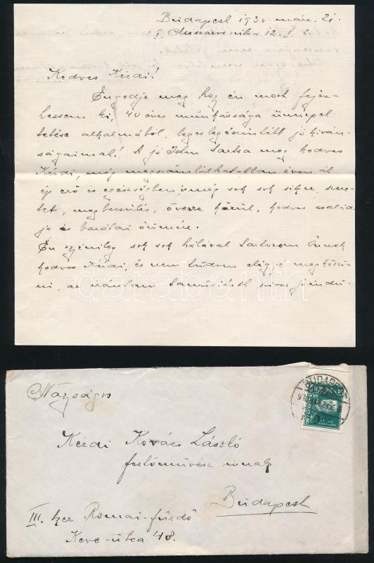 1930.március.21 Klammer Mariska (1877-?) festő autográf gratuláló levele Kézdi-Kovács László (1864-1942) festőművészhez, negyven éves munkásságának jubileuma alkalmából. Közel másfél beírt oldal, Klammer Mariska autográf