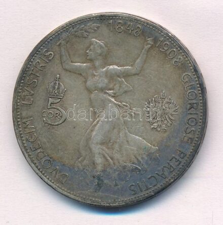Ausztria 1908. 5K Ag 'Ferenc József - Jubileum' T:3 ph., patina Austria 1908. 5 Corona Ag 'Franz Joseph - Jubilee' C:F edge error, patina Krause KM#2809