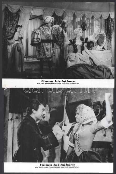 1965 ,,Finom kis háború' című román - francia film jelenetei és szereplői, 13 db vintage produkciós filmfotó, ezüst zselatinos fotópapíron, a használatból eredő kisebb hibákkal, 18x24 cm