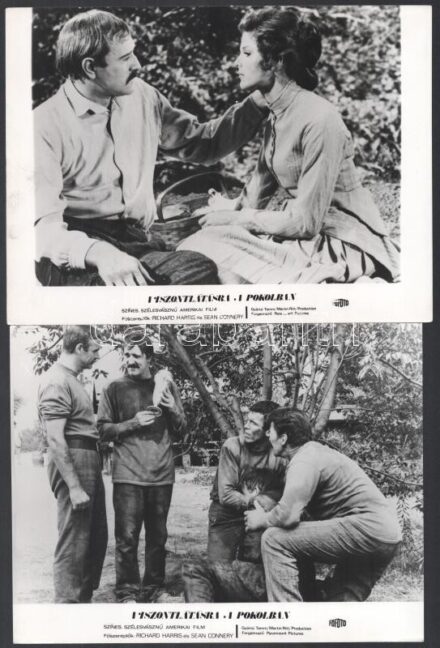 cca 1970 ,,Viszontlátásra a pokolban' című amerikai film jelenetei és szereplői (köztük Richard Harris, Sean Connery), 11 db vintage produkciós filmfotó, ezüst zselatinos fotópapíron, a használatból eredő kisebb hibákkal, 18x24 cm