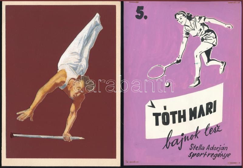 Vincze Dénes (1914-1972): 4 db könyvborító és egyéb terve. Tus, akvarell, papír, jelzés nélkül. 13x18 cm-ig