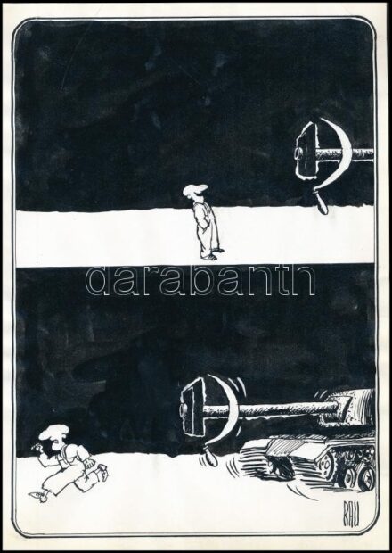 Rau Tibor (1934-2000): Sarló és kalapács (karikatúra). Tus, papír. Jelzett. 28,5x20 cm.