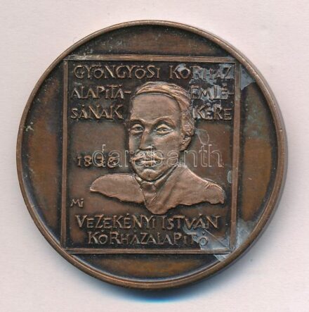 Máté István (1952-) 1988. 'A Gyöngyösi Kórház alapításának emlékére, Vezekényi István kórházalapító / XIV. Heves Megyei Orvos Gyógyszerész Napok' kétoldalas Br emlékérem (42,5mm) T:1- patina