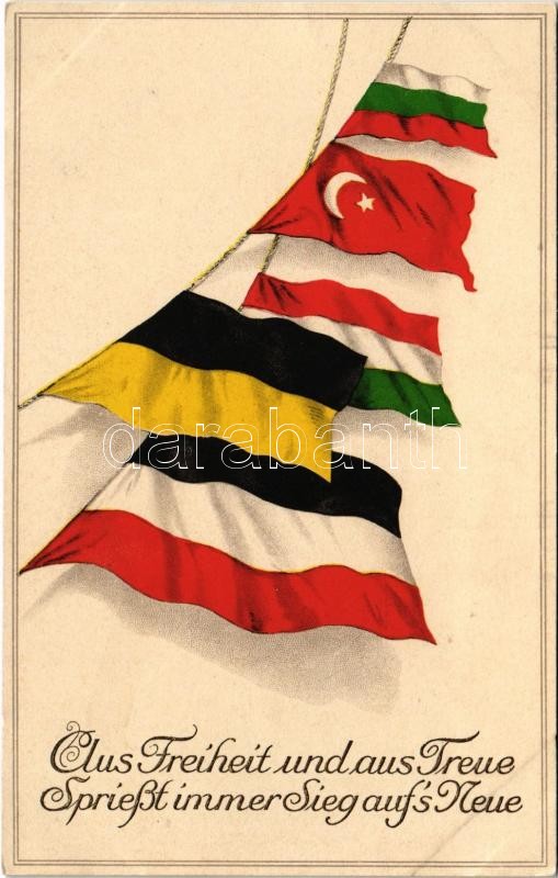 Aus Freiheit und Treue Sprießt immer Sieg auf's Neue / WWI Austro-Hungarian K.u.K. military art postcard, Central Powers propaganda with flags. litho