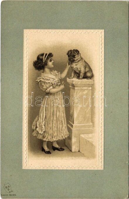 Children art postcard, girl with dog. E.S.D. Serie 8062. litho
