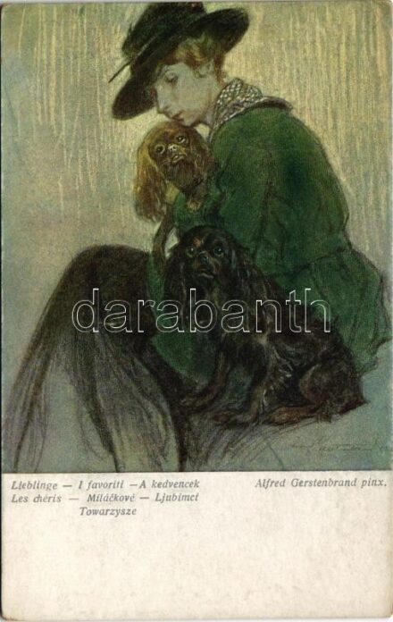 A kedvencek / Lieblinge / Lady art postcard with dogs. B.K.W.I. Nr. 2343. s: Alfred Gerstenbrand (EK)