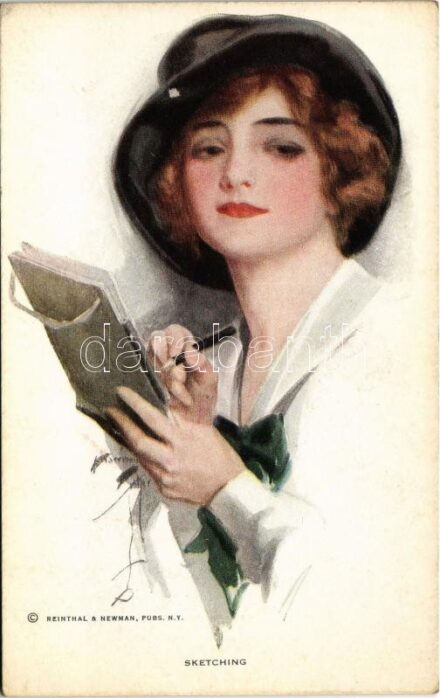 'Sketching' Lady art postcard. Reinthal & Newman No. 616. s: Harrison Fisher (EK)