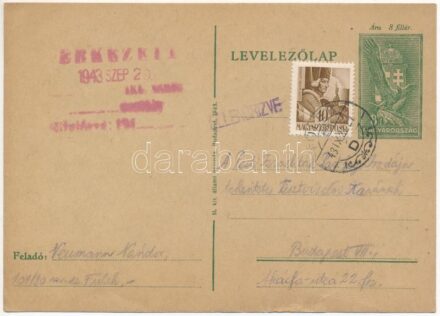1943 Neumann Nándor zsidó KMSZ (közérdekű munkaszolgálatos) tábori posta a 101/80. füleki tábori munkás század munkatáborból a Pesti Izraeliták Pártfogó Irodájába címezve. Judaika / WWII Letter from a Jewish labor serviceman to