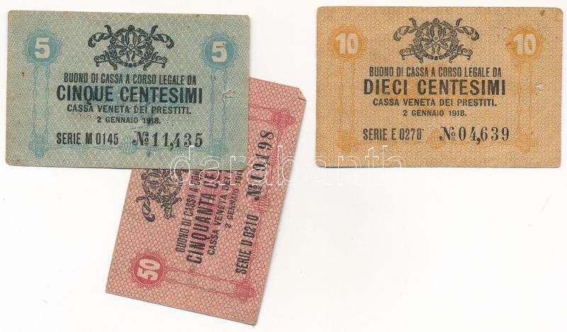 Olaszország / Velence / Osztrák-magyar megszállás 1918. 5c + 10c + 50c, mindegyiken tintával írt 'Emlékül kaptam 1918 november hó 6-án Szudi Vilmostól' szöveggel, 2db összefűzve T:III,III- Italy / Venice / Austro-Hungarian occupation