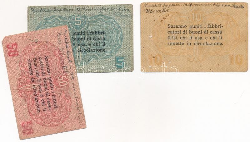 Olaszország / Velence / Osztrák-magyar megszállás 1918. 5c + 10c + 50c, mindegyiken tintával írt 'Emlékül kaptam 1918 november hó 6-án Szudi Vilmostól' szöveggel, 2db összefűzve T:III,III- Italy / Venice / Austro-Hungarian occupation - Image 2