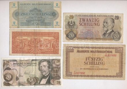 Ausztria 1944. 50gr + 2Sch + 50Sch 'Szövetséges megszállás' + 1956. 20Sch + 1967. 20Sch T:III Austria 1944. 50 Groschen + 2 Schilling + 50 Schilling 'Szövetséges megszállás' + 1956. 20 Schilling + 1967. 20 Schilling C:F