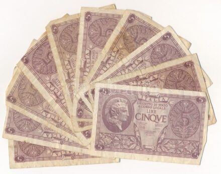 Olaszország 1944. 5L (10x) T:III,III- Italy 1944. 5 Lire (10x) C:F,VG Krause P#31