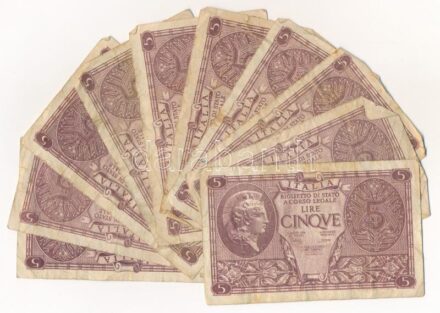 Olaszország 1944. 5L (10x) T:III,III- Italy 1944. 5 Lire (10x) C:F,VG Krause P#31