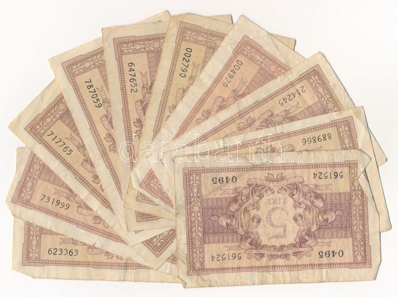 Olaszország 1944. 5L (10x) T:III,III- Italy 1944. 5 Lire (10x) C:F,VG Krause P#31 - Image 2