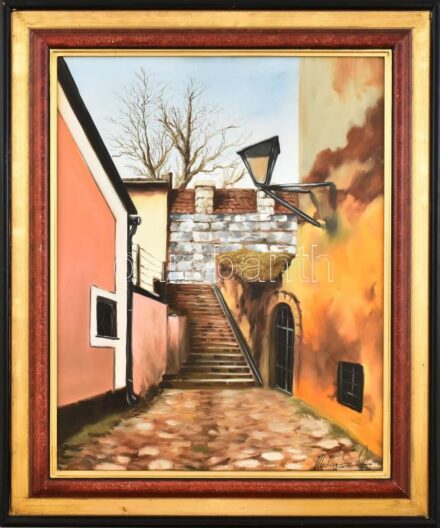Madarász Gábor (1964-): Szentendre. Olaj, fa. Jelzett. Hátoldalán autográf felirattal.Dekoratív fakeretben. 50x40 cm