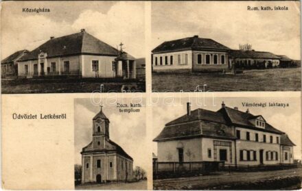 1930 Letkés, községháza, Római katolikus iskola és templom, Vámőrségi laktanya + 'POSTAI ÜGYN' (EK)