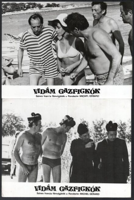 cca 1975 ,,Vidám gazfickók' című francia film jelenetei és szereplői, 13 db vintage produkciós filmfotó, ezüst zselatinos fotópapíron, a használatból eredő (esetleges) kisebb hibákkal, 18x24 cm