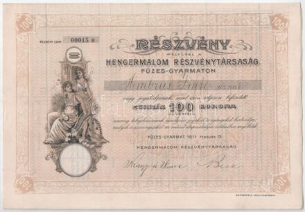 Füzes-Gyarmat 1911. 'Hengermalom Részvénytársaság Füzes-Gyarmaton' részvénye 100K-ról szelvényekkel, szárazpecséttel T:II-