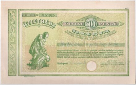 Budapest 1941. 'Hangya Termelő-Értékesítő és Fogyasztási Szövetkezet' üzletrésze 500P-ről, szelvényekkel, szárazpecséttel T:I- tűlyukak