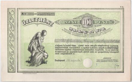 Budapest 1942. 'Hangya Termelő-Értékesítő és Fogyasztási Szövetkezet' üzletrésze 100P-ről, szelvényekkel, bélyegzéssel és szárazpecséttel T:I- tűlyukak