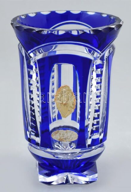 Kék-fehér kristály váza. Jelzett. Hibátlan 13 cm