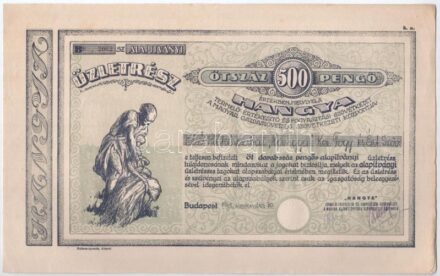 Budapest 1949. 'Hangya Termelő-Értékesítő és Fogyasztási Szövetkezet' névre szóló alapítványi részvénye 500P-ről, szárazpecséttel, szelvényekkel T:I-