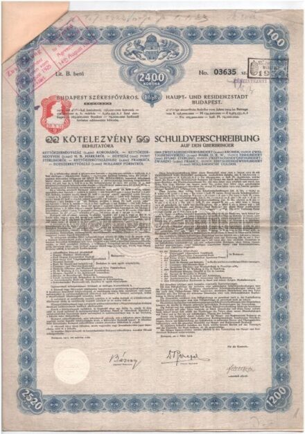 Budapest 1914. 'Budapest Székesfőváros - Kötelezvény' 2400K-ról szelvényekkel, bélyegzéssekkel, igazolással + 1942. 'A Magyar Királyság 3%-kal Kamatozó Törlesztéses Államadóssága' kötvénye 100P-ről szárazpecséttel és