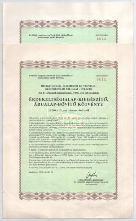 Budapest 1986. 'Déligyümölcs, Élelmiszer és Vegyiáru Kereskedelmi Vállalat (DÉLKER) évi 11 százalék kamatozású, 1986. évi kibocsátású érdekeltségialap-kiegészítő, árualap-bővítő kötvénye' 10.000Ft-ról (2x)