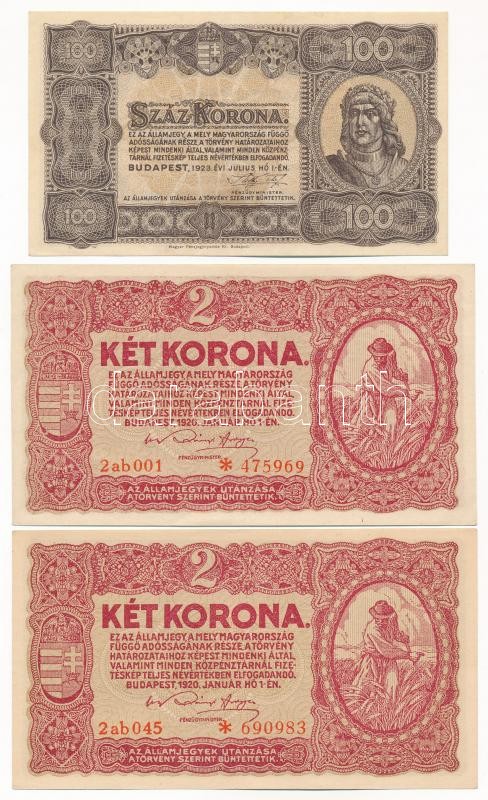 1920. 2K (2x) csillagos sorszám + 1923. 100K T:I--III