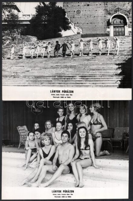 cca 1970 ,,Lányok pórázon' című francia - olasz film jelenetei és szereplői (köztük Louis de Funes), 13 db vintage produkciós filmfotó, ezüst zselatinos fotópapíron, a használatból eredő (esetleges) kisebb hibákkal, 18x24 cm vagy