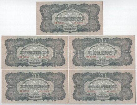 1944. 20P (5x) 'A Vöröshadsereg Parancsnoksága', két csoportban sorszámkövetők 'BX 483516 - BX 483517' és 'BX 483548 - BX 483550' T:I,I- Adamo P45