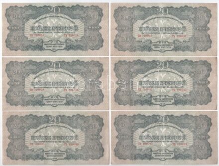 1944. 20P (6x) 'A Vöröshadsereg Parancsnoksága', két csoportban sorszámkövetők 'TB 120058 - TB 120059' és 'TB 120090 - TB 120093' T:I,III szép papír Adamo P45