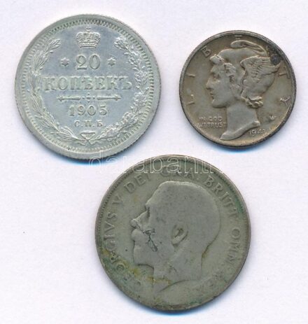 Vegyes: Orosz Birodalom 1905. 20k Ag + Amerikai Egyesült Államok 1943. 1D Ag 'Mercury' + Nagy-Britannia 1922. 1Sh Ag 'V. György' T:1--3 patina Mixed: Russian Empire 1905. 20 Kopeks Ag + USA 1943. 1 Dime Ag 'Mercury' + Great Britain 1922. 1
