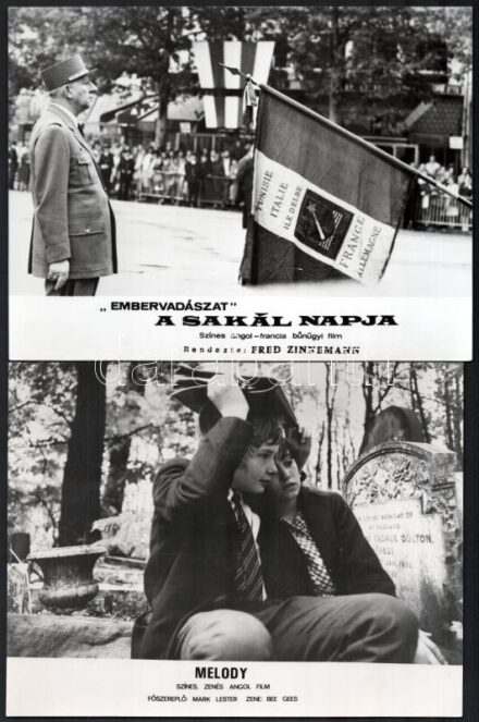 cca 1985 előtti fotók, külföldön készült, de Magyarországon is bemutatott filmek egy-egy jelenete, 17 db vintage produkciós filmfotó, ezüst zselatinos fotópapíron, a használatból eredő (esetleges) kisebb hibákkal, 18x24 cm vagy