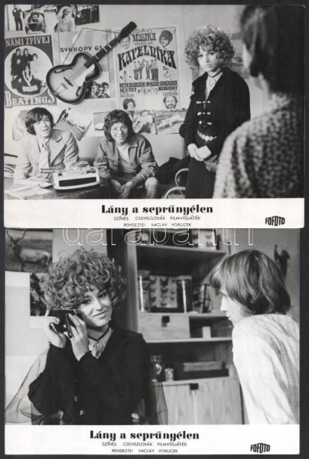 cca 1971 ,,Lány a seprűnyélen' című csehszlovák filmvígjáték jelenetei és szereplői, 13 db vintage produkciós filmfotó, ezüst zselatinos fotópapíron, a használatból eredő (esetleges) kisebb hibákkal, 18x24 cm